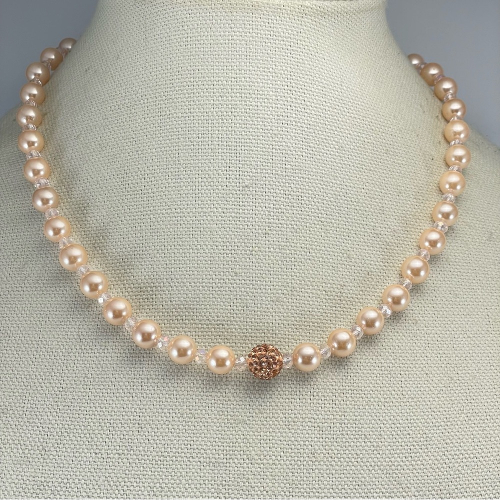 Peachy Cream Gold Tone Lobster Clasp Glass Pearl Rhinestone Bead Necklace Bridal